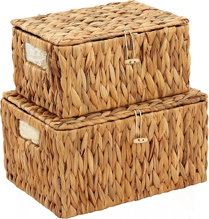 Edergoo Wicker Basket with Lid, Water Hyacinth Storage Baskets for Shelves, Large & Small Storage... | Amazon (US)