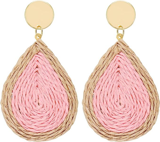 Dangle Raffia Earrings Jewelry for Women, Boho Statement Hot Pink Handmade Unique Summer Tropical... | Amazon (US)