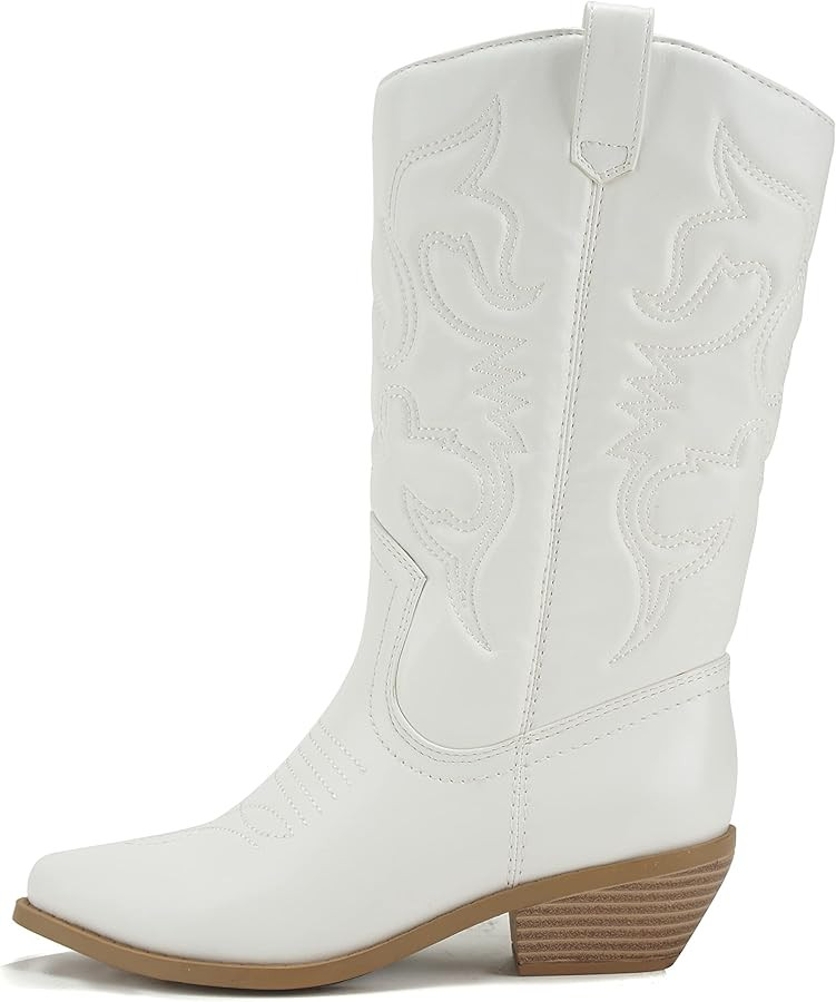 Soda Red Reno Western Cowboy Pointed Toe Knee High Pull On Tabs Boots All-White | Amazon (US)