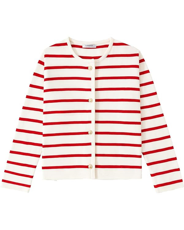Women's Striped Cardigan Sweater Trendy Long Sleeve Button Down Crewneck Knit Cardigans | Amazon (US)