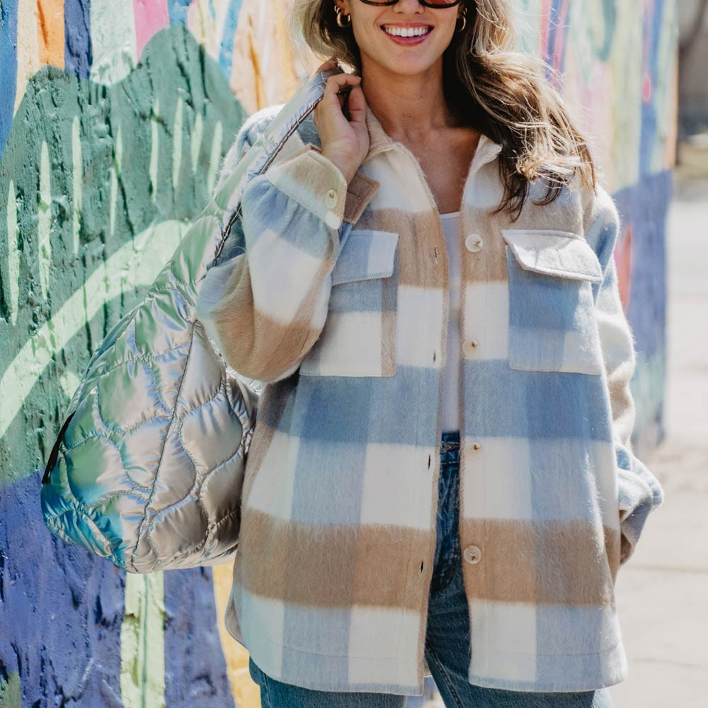 Blue/Tan Check Plaid Checker Shacket Women | Katydid.com