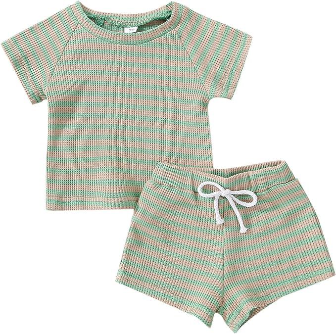 Newborn Baby Boy Clothes Stripe Unisex Cotton Knitted Ribbed Short Sleeve Top Shorts 2Pc Baby Gir... | Amazon (US)