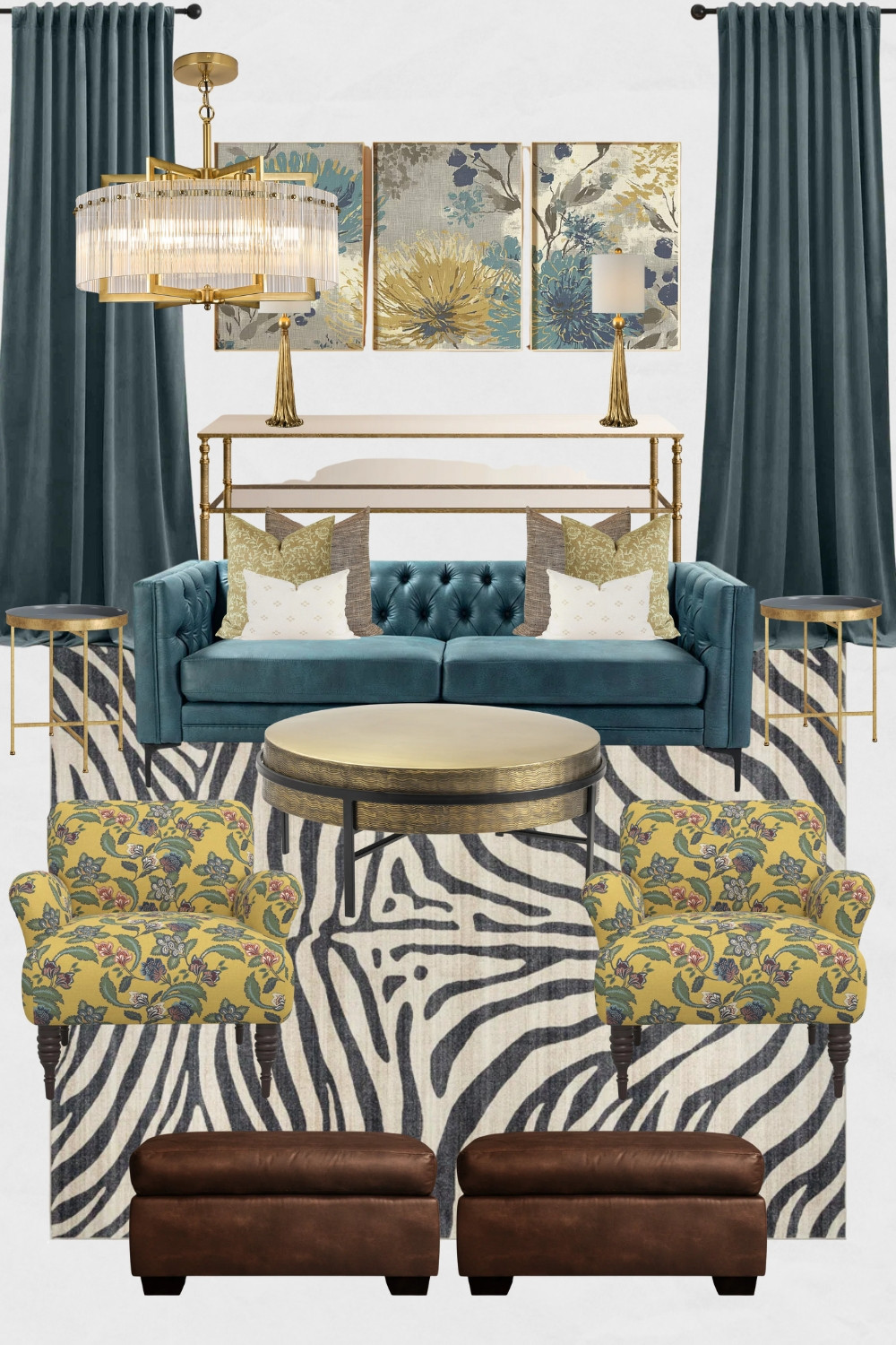 Teal and Mustard Living Room Moodboard, Eclectic Living Room Design Ideas, Glam Living Room Design Ideas, Glam Living Room Decor, Animal Printed Area Rug, Leather Ottomans, Teal Curtains, Bold living room design 

#homedecor #instahome #homeinspo #livingroomdesign #livingroomdecor #tealandmustardlivingroom #eclectichome #glaminteriors 

 #LTKHome #LTKSaleAlert