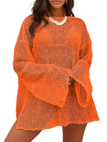 Lilosy Sexy Crochet Sheer Kaftan Caftan Beach Dress Bathing Suit Swim Coverup One Piece Women Knit See Through Swimsuit Bikini Swimwear Cover up Orange Small | Amazon (US)