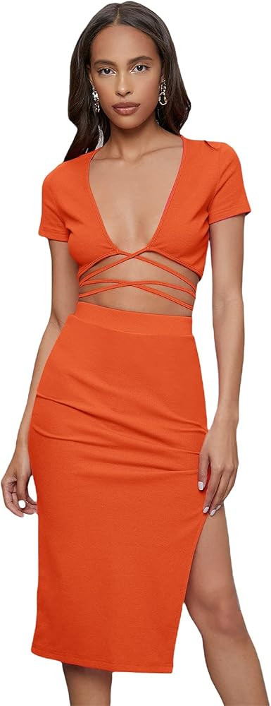 Floerns Women's 2 Piece Outfit Crisscross Tie Back Crop Top Split Hem Skirt Set | Amazon (US)