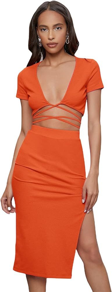 Amazon.com: Floerns Women's 2 Piece Outfit Crisscross Tie Back Crop Top Split Hem Skirt Set Orang... | Amazon (US)