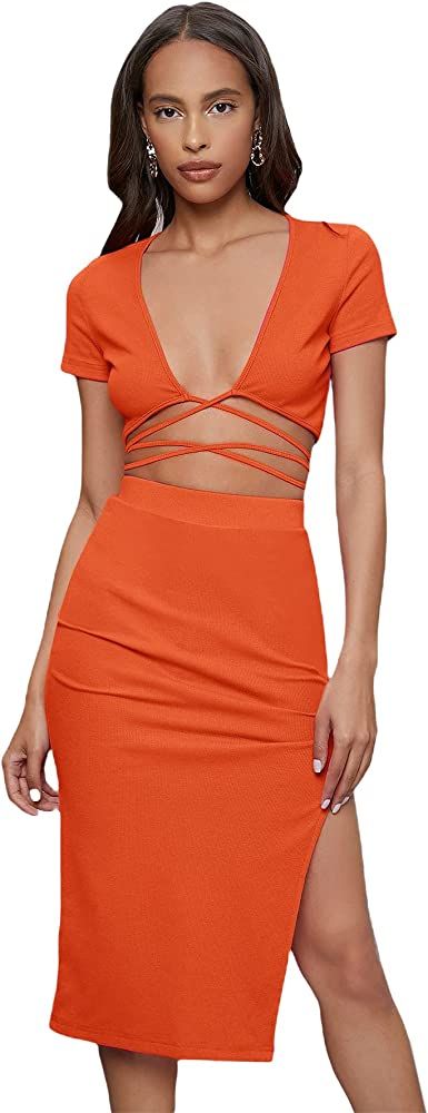 Floerns Women's 2 Piece Outfit Crisscross Tie Back Crop Top Split Hem Skirt Set | Amazon (US)