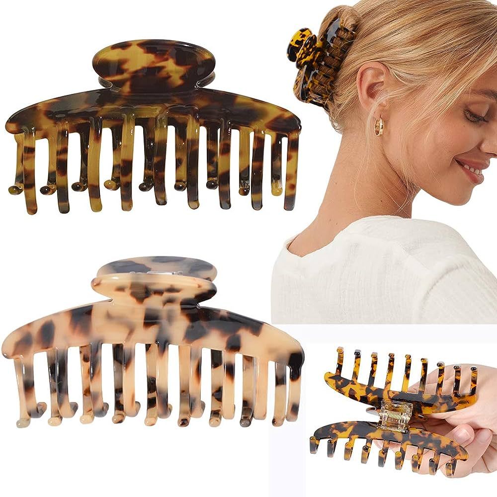 Big Claw Hair Clips 3.8 Inch Tortoise Banana Hair Clips for Women Girls Thin Hair French Design Celluloid Leopard Print Strong Hold Hair Clips for Thick Hair, 2 Color Available (2 Packs) | Amazon (US)