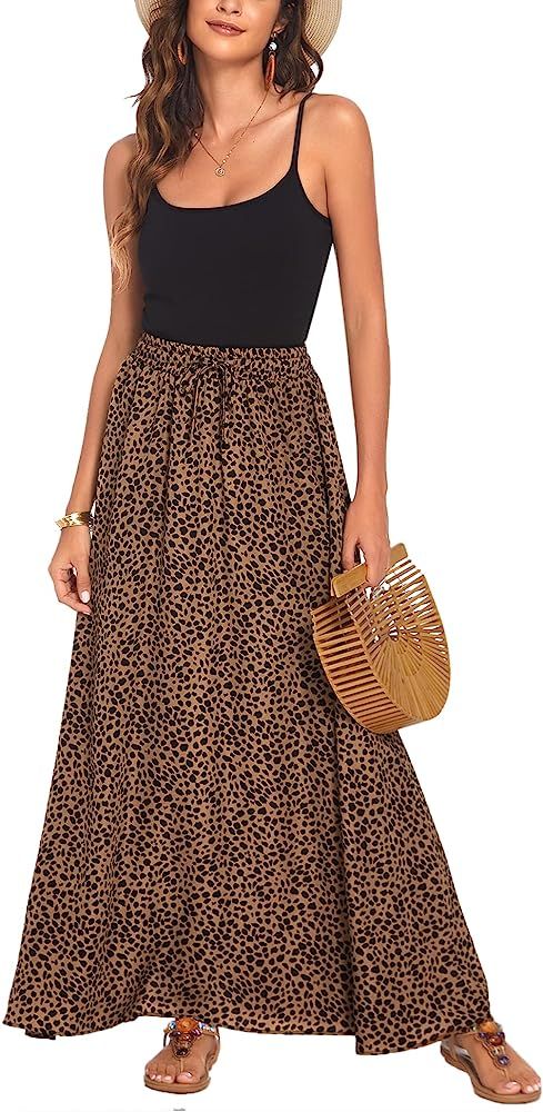 Bluetime Women Leopard Print Long Skirts Chiffon Summer Beach Pleated Elastic High Waisted Maxi S... | Amazon (US)