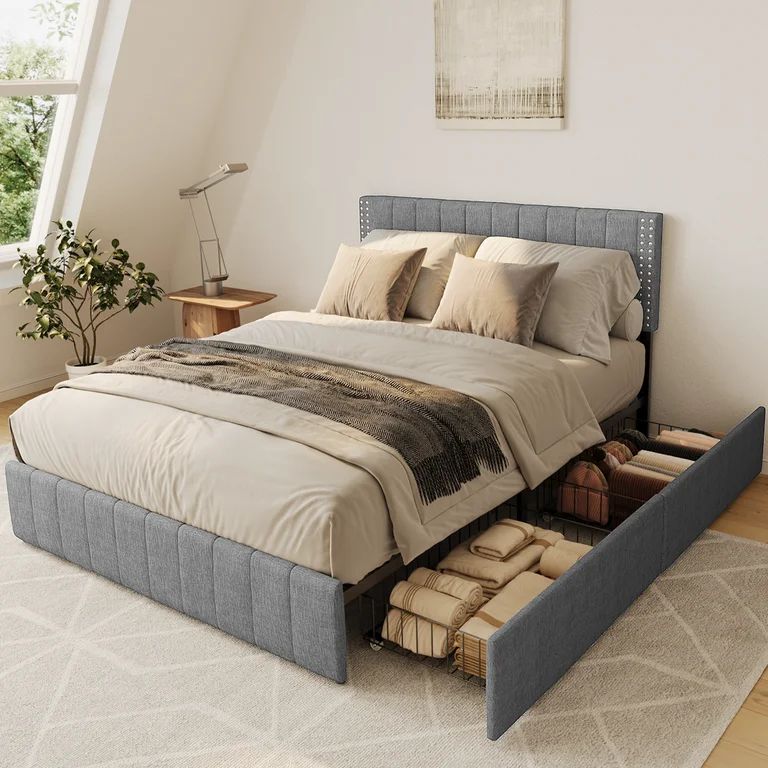 Bed Frame Full with 4 Storage Drawers for Bedroom, Light Grey - Walmart.com | Walmart (US)