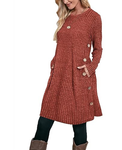 OFEEFAN Fall and Winter Tunic Dress with Pockets Long Sleeve Crew Neck Buttons Side | Amazon (US)