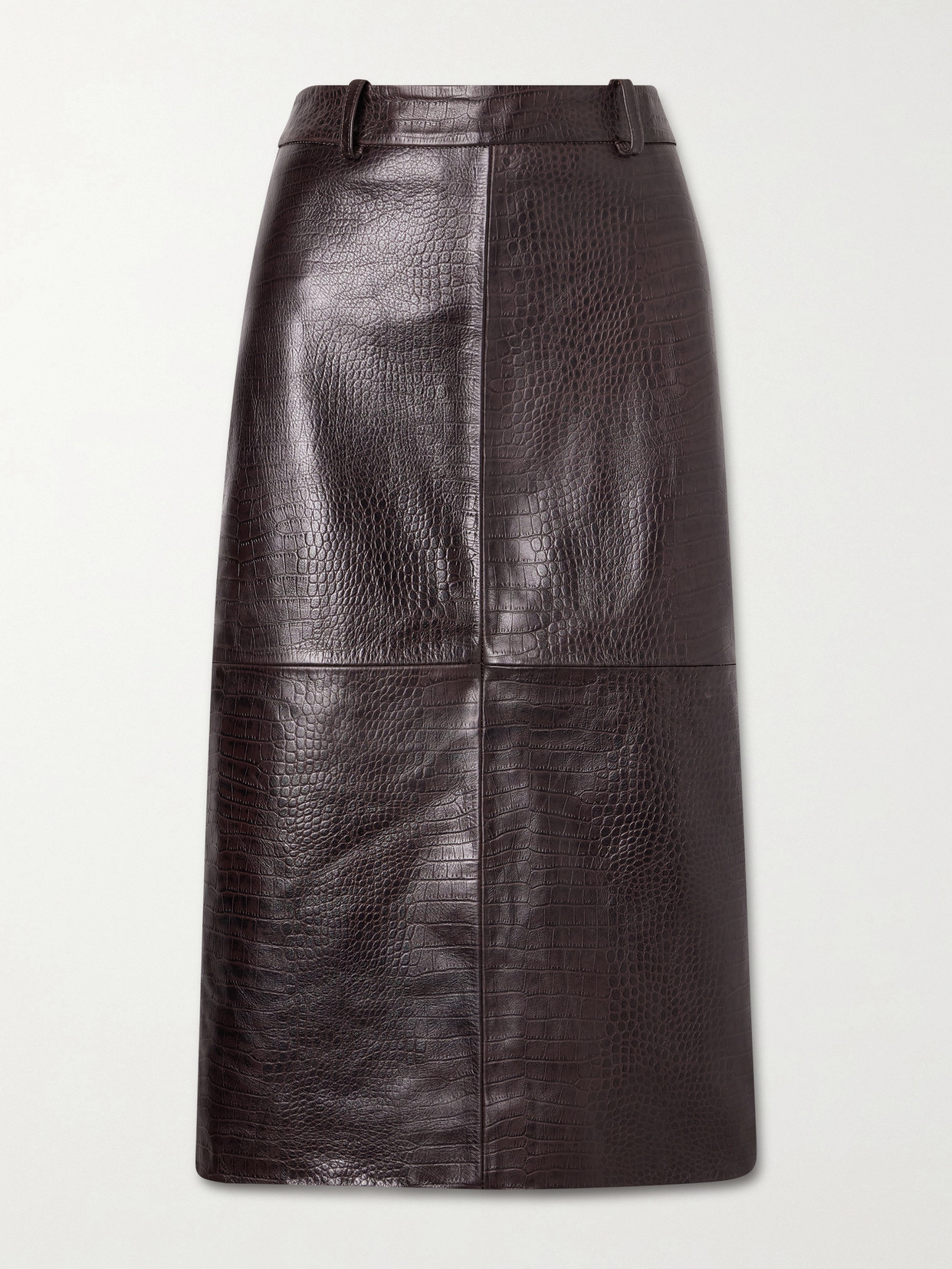 The Frankie Shop - Taney Paneled Croc-effect Leather Midi Skirt - Dark brown | NET-A-PORTER (UK & EU)