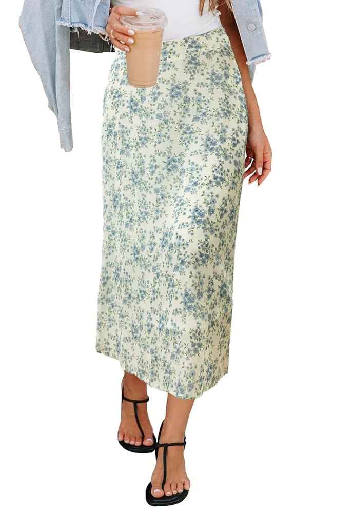 Women’s Floral Print Midi Skirt Casual High Elastic Waist Zipper Vintage Long Boho Skirts for W... | Amazon (US)