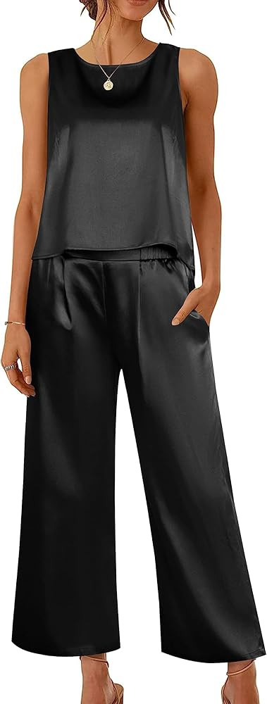 Ekoauer Women's Silk Satin Pajama 2 Piece Outfits Sleeveless Tank Crop Top and Wide Leg Pants Set... | Amazon (US)