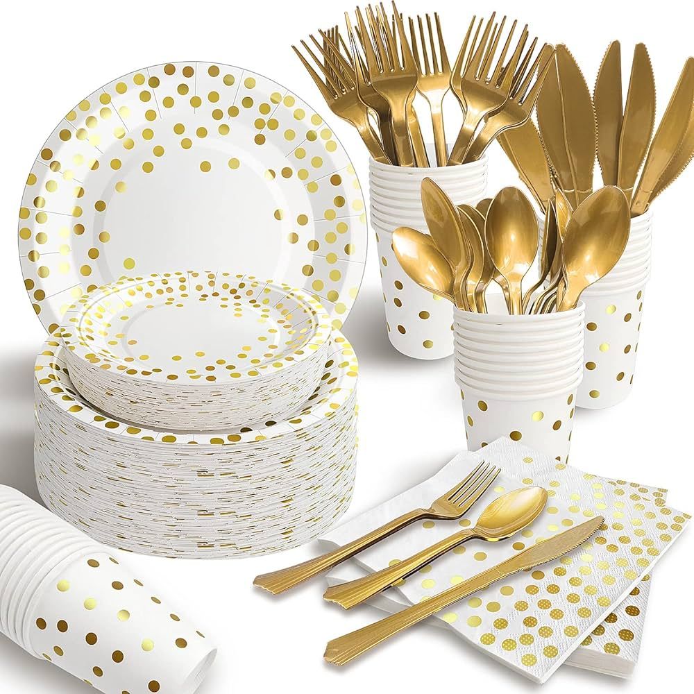 350PCS White and Gold Party Supplies, Severs 50 Gold Paper Plates Gold Plastic Forks Knives Spoon... | Amazon (US)