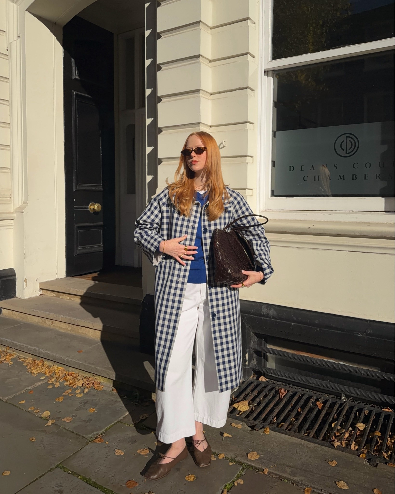 Check Coat, Gingham Coat, Blue Coat, White Jeans, Ballet Flats, Alohas