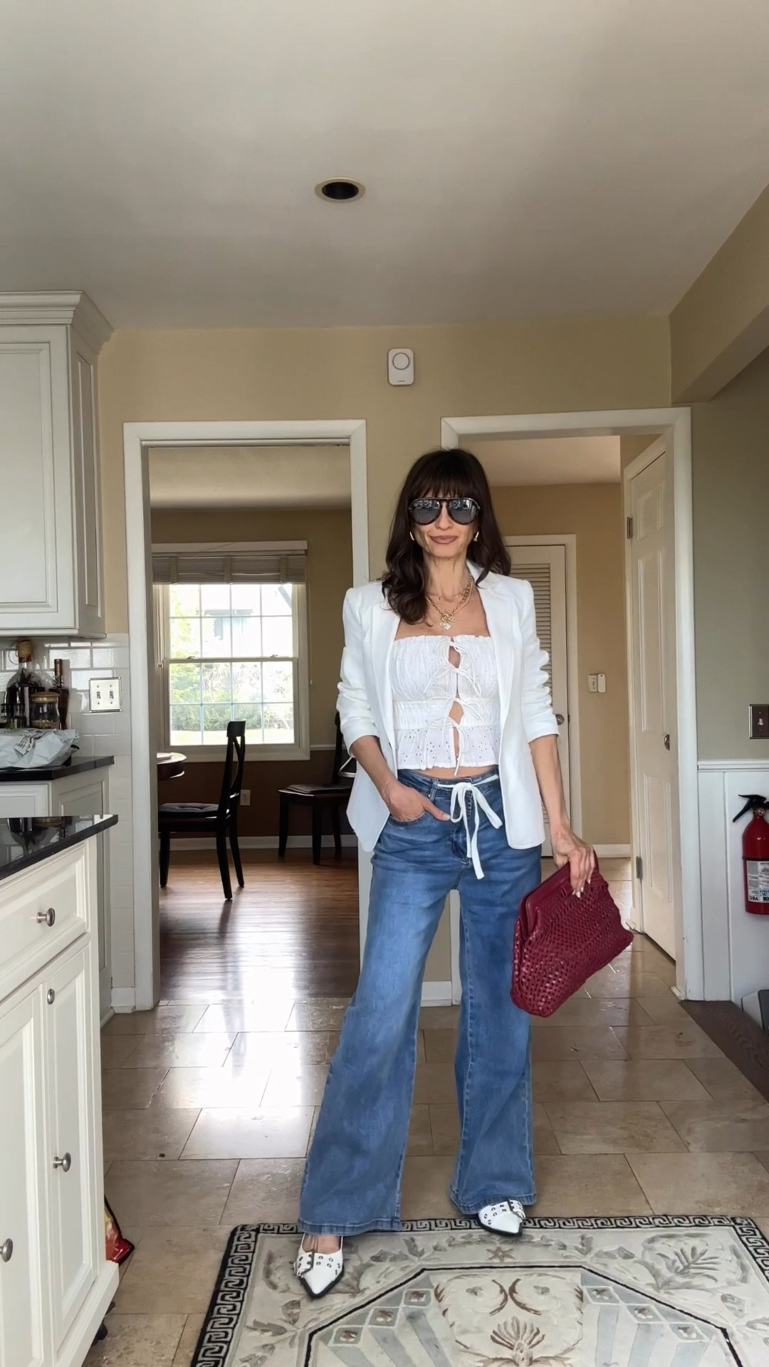 These Amazon wide leg jeans with strings look very much like the Citizen of Humanity Brynn but for a fraction of the cost! It is SUPER stretchy and fits true to size. I seized up to a 4 to have it hit my hips and be a bit looser.

Top is almost sold out, so I share a few similar ones. Blazer fits true to size. I’m wearing size Zero. Shoes also fit true to size.

#LTKWorkwear #LTKFindsUnder50 #LTKStyleTip