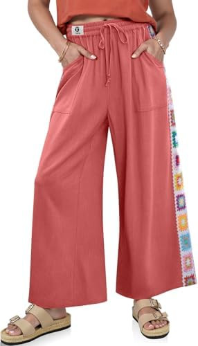TARSE Womens Wide Leg Linen Pants Summer Casual Drawstring Loose Lounge Palazzo Crochet Panel Pan... | Amazon (US)