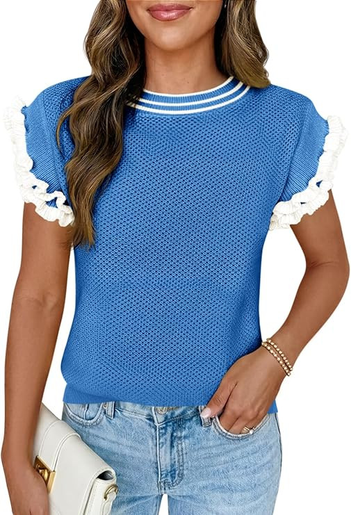 Saodimallsu Womens Ruffle Short Sleeve Sweaters Casual Crew Neck Color Block Loose Knit Summer Tr... | Amazon (US)