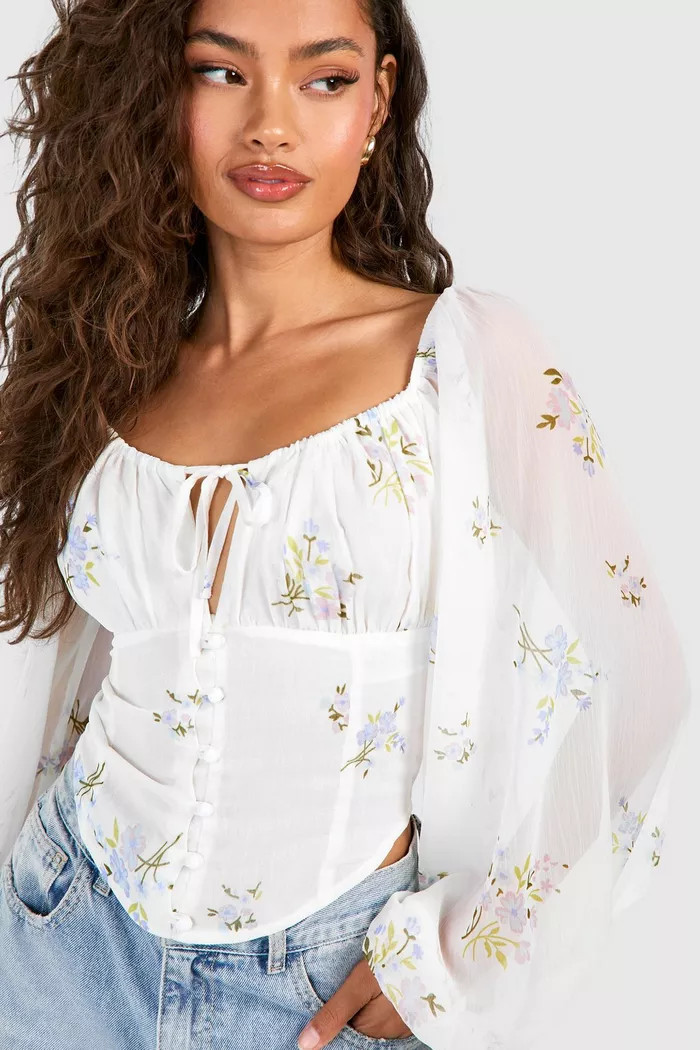 Floral Puff Long Sleeve Crop Top | Boohoo.com (UK & IE)