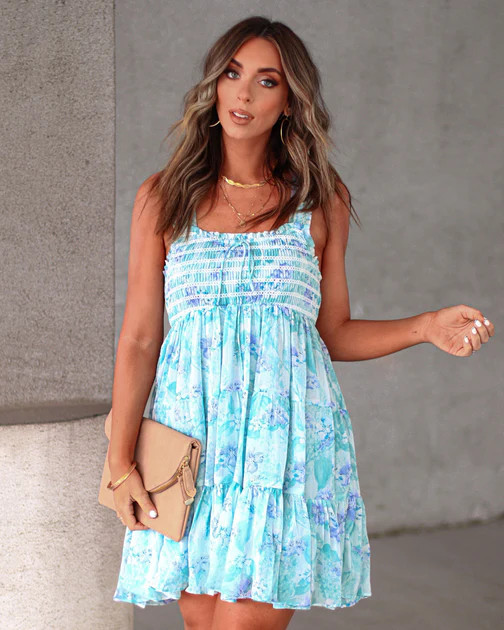 Vivica Floral Smocked Babydoll Dress - Blue | VICI