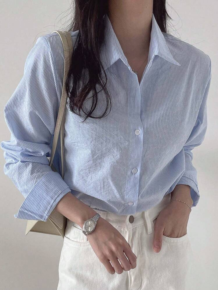 DAZY Camisa Casual De Manga Longa Solta E Listrada Para Mulheres, Casual De Negócios, Outono, Blusas De Manga Longa, Roupas Femininas De Outono | SHEIN
