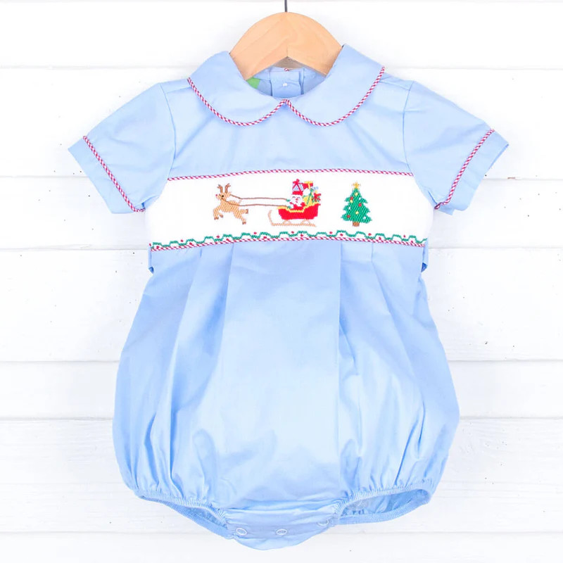 North Pole Smocked Blue Collared Bubble | Classic Whimsy