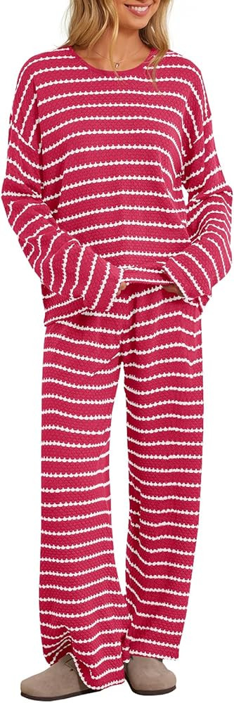 MEROKEETY Women's Two Piece Sweater Sets Trendy Striped Long Sleeve Top Wide Leg Pants Matching O... | Amazon (US)