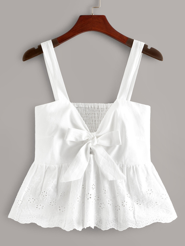 SHEIN VCAY Solid Knot Back Shirred Ruffle Hem Cami Top | SHEIN