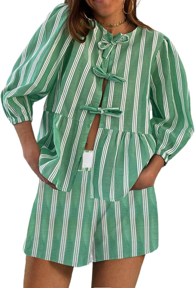 Women Striped Lounge Sets 2 Piece Casual Pajamas Set Short Puff Sleeve Tie front Shirt Striped Bo... | Amazon (US)