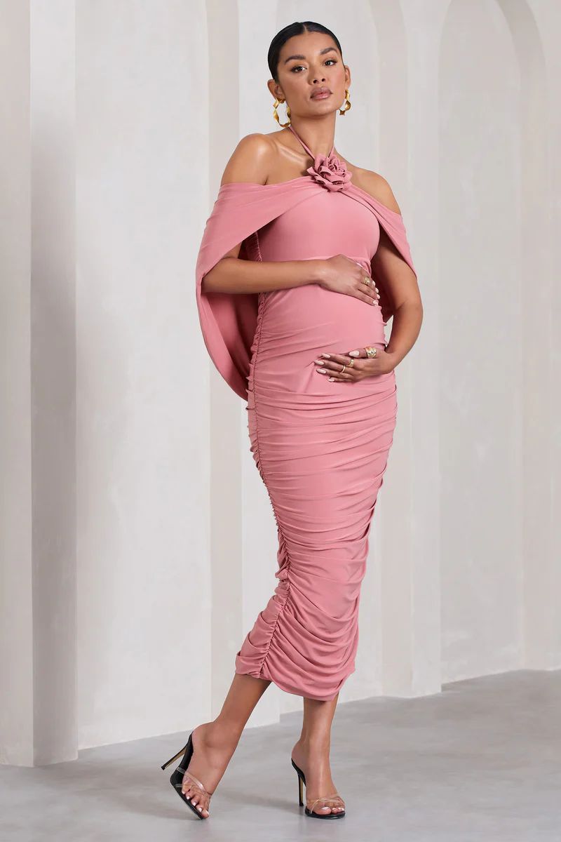 Daisy | Blush Pink Ruched Flower Halter-Neck Drape-Sleeve Maternity Midi Dress | Club L London