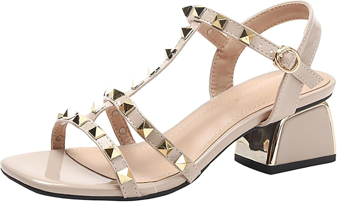 Women's Leather Studded Slingback Chunky Heel Sandals Pumps With Adjustable Ankle Buckle Fashion ... | Amazon (US)