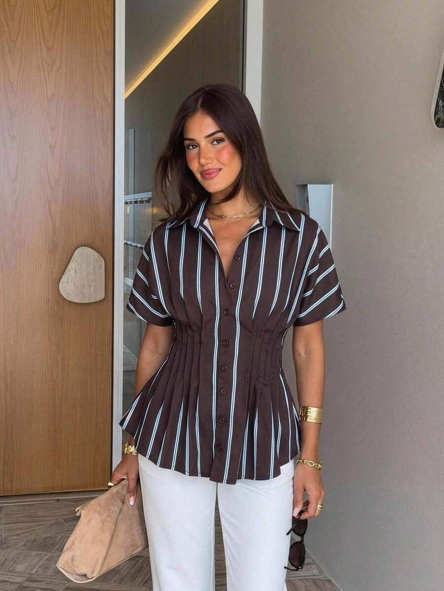Siren Gaze Women's Contrast Stripe Print Button Front Casual Short Sleeve Shirt Elegant | SHEIN