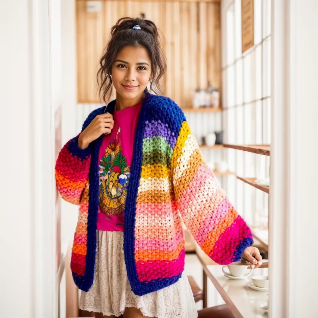 Colorful Striped Crochet Knit Sweater Sweet Lantern Sleeve Loose Short Cardigan for Women Autumn ... | Etsy (US)