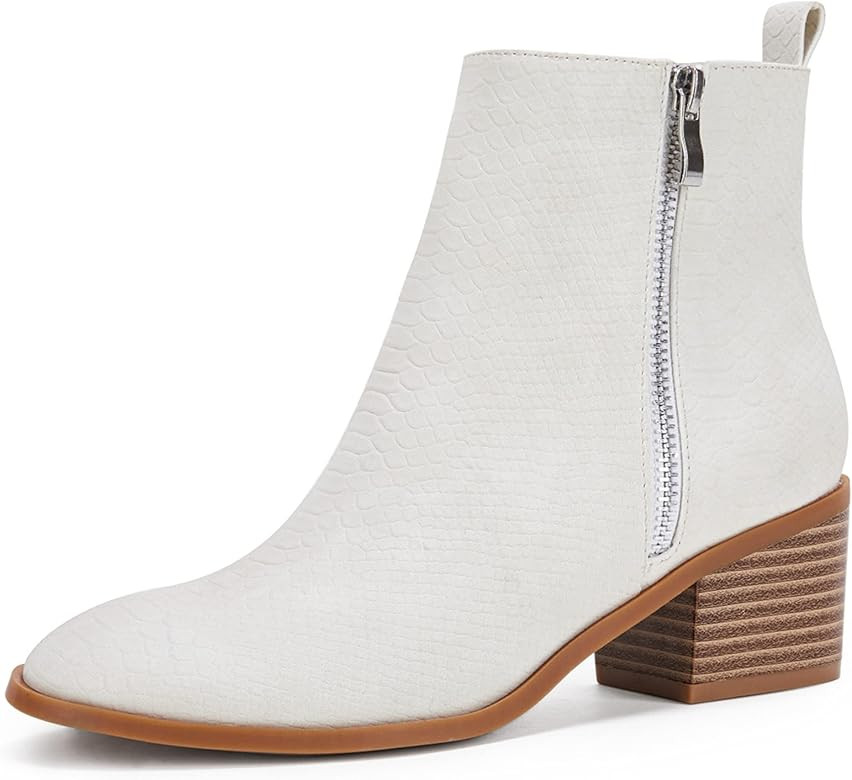 FISACE Womens Pointed Toe Mid Heel Ankle Boots Side Zipper Chunky Stacked Block Heeled Western Booti | Amazon (US)