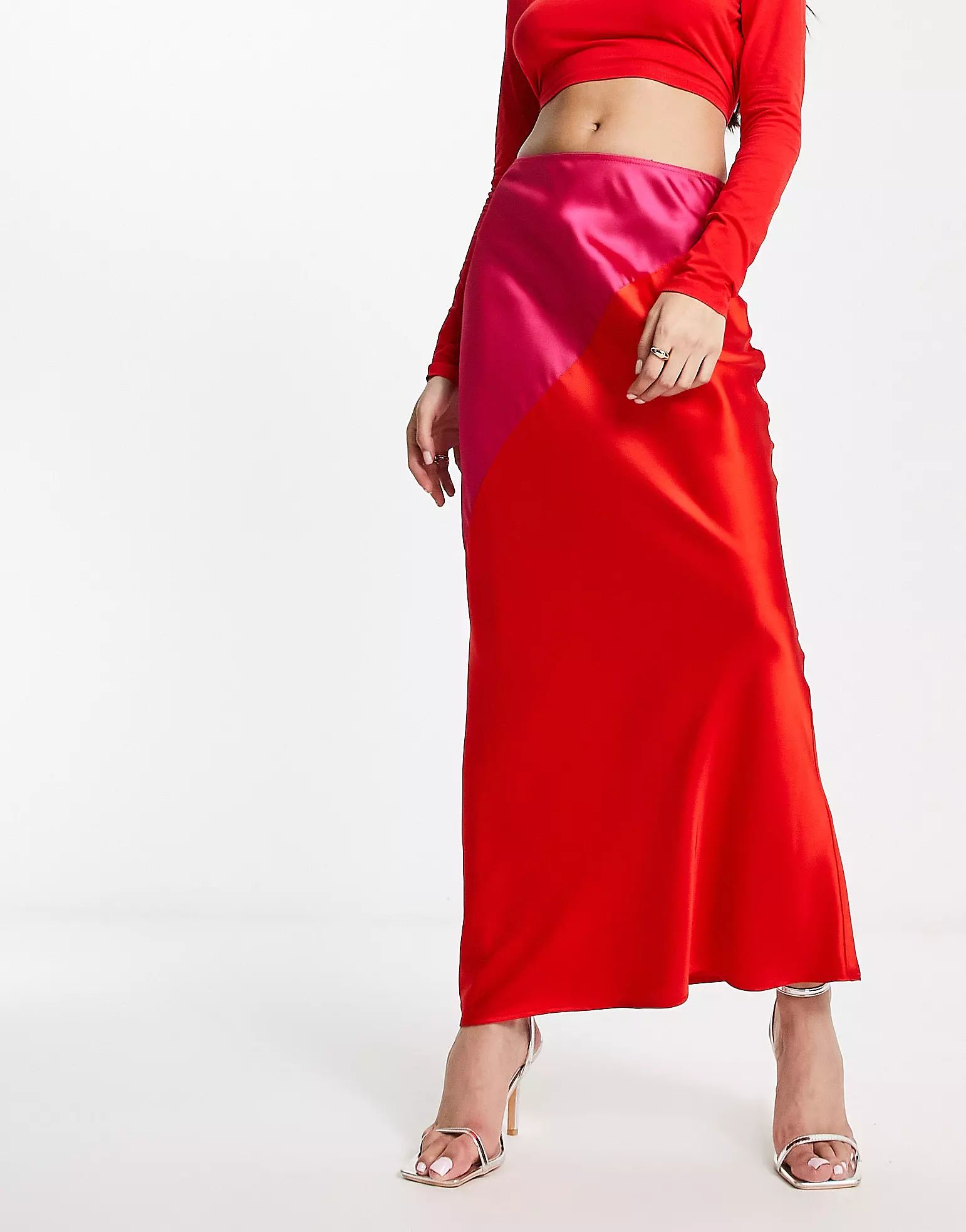 Never Fully Dressed contrast satin midi skirt in pink and red | ASOS (Global)