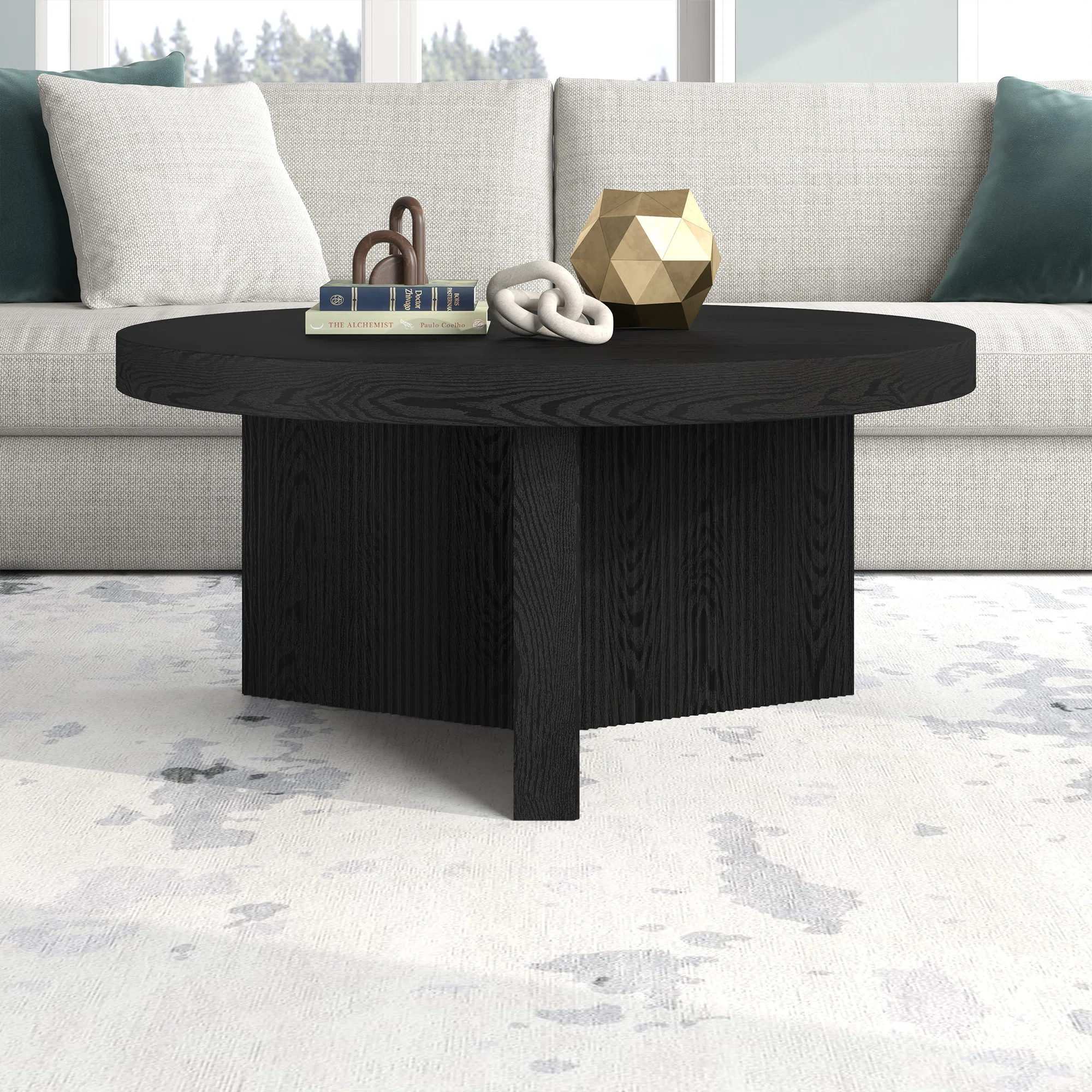 32" Wide Round Coffee Table with Fluted Base — Black Grain Scandinavian MDF Center Table for Li... | Wayfair North America
