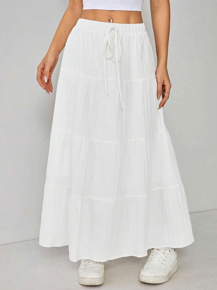 SHEIN PETITE Saia Longa Feminina De Cor Sólida, Cintura Alta, Com Babados E Bainha | SHEIN