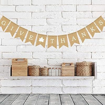 Colowam Give Thanks Burlap Banner Garland Bunting Thanksgiving Banner Autumn Decorations | Amazon (US)