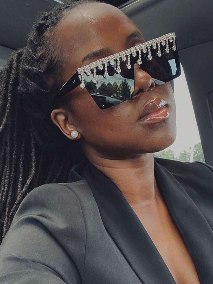 1pc Square Personality Trendy Handmade Rhinestone Fringe Sunscreen Y2k Luxurious Fashion Sunglass... | SHEIN