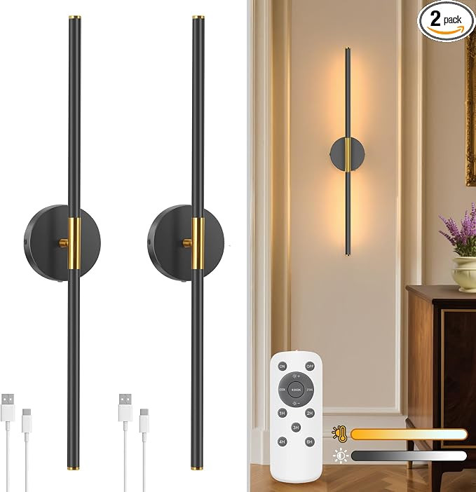 28 Inch Battery Operated Wall Sconce Set of 2, 360° Rotation Gold Black Rechargeable Wall Lights... | Amazon (US)