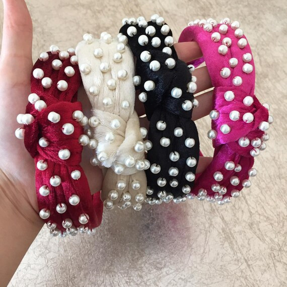 Black Ivory Pearl Knot Velvet Headband Crown /Races Headpieces, Satin Velvet Headband / Ivory Tur... | Etsy (US)