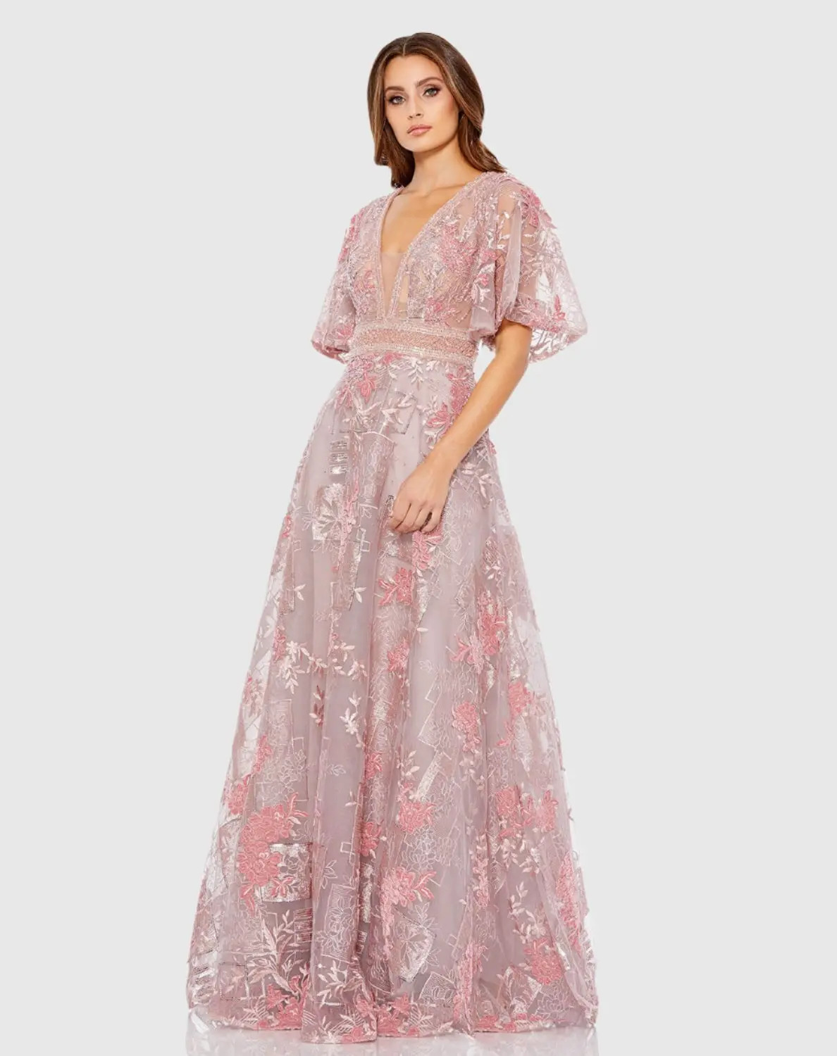 Pink Embroidered Flounce Sleeve A Line Gown - Mac Duggal | Mac Duggal