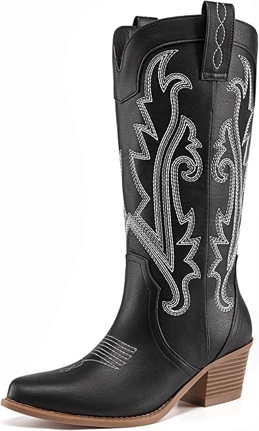 Athlefit Women's Embroidered Western Cowboy Boots Fashion Pointed Toe Chunky Heel Mid Calf Cowgir... | Amazon (US)