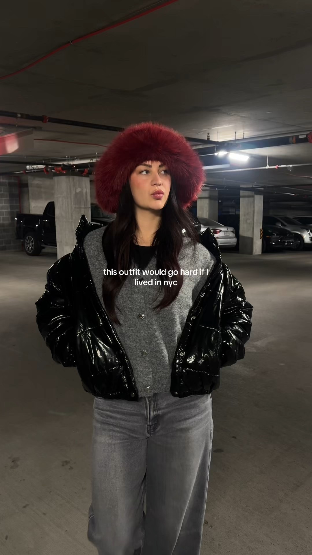 Winter outfit | black super puff with the monochrome gray fit and a fun pop of color with the red fur bucket hat! 

I’m 5’11 so these VICI jeans are tall girl approved! 

#LTKTall #LTKSeasonal #LTKootd