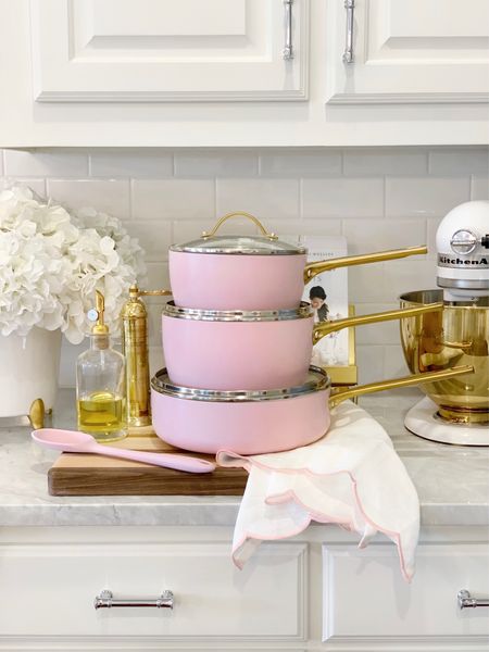 Pink cookware, nontoxic pots and pans, gold pepper mill. White and gold kitchenaid mixer 

#LTKhome #LTKFind #LTKsalealert