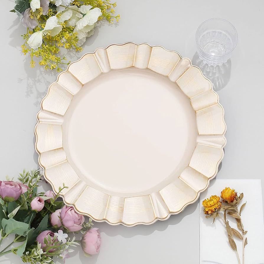 Efavormart 6 Pack | 13" Beige Acrylic Plastic Dinner Plate Chargers With Gold Brushed Wavy Scallo... | Amazon (US)