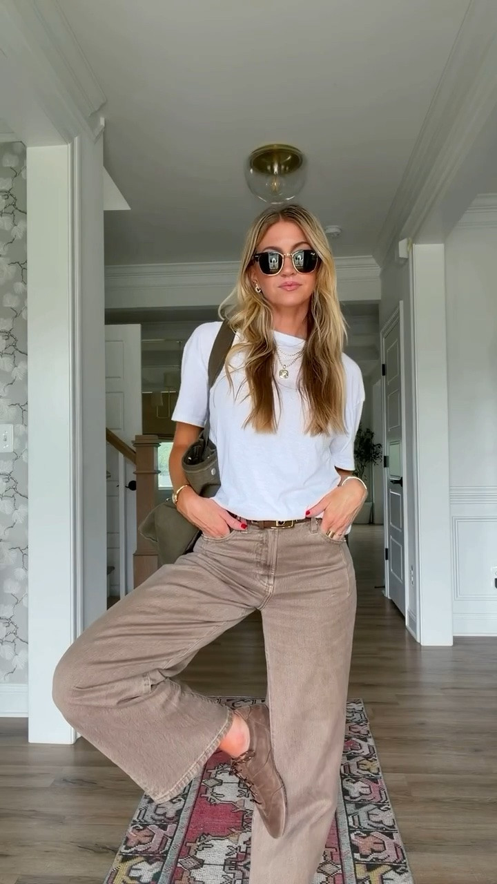 Casual outfit for taking my son to lunch. White slub knit tee: runs oversized, wearing a S Brown barrel denim: runs TTS, wearing a 25. Brown suede sneakers: so comfortable! Runs TTS Alex mill tote, layered jewelry, casual outfit, mom outfit #LTKootd #LTKgrwm #LTKdayinmylife