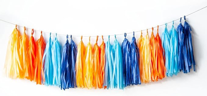 Blue and Orange Tassel Garland,Tissue Tassel Banner for Party Decorations,Pack of 20 | Amazon (US)