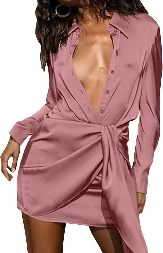 BTFBM Women Button Down Shirts Dresses Satin Long Sleeve Lapel V Neck Elastic Waist Self Tie Knot... | Amazon (US)